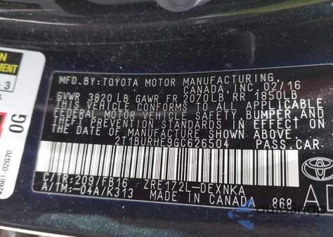 2016 Toyota Corolla Le z USA, uszkodzony, nr VIN 2T1BURHE9GC626504